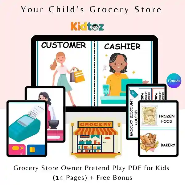 Grocery Store Owner Pretend Play PDF for Kids (14 Pages) + Free Bonus