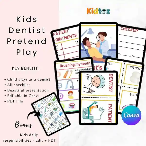 Kids Dentist Pretend Play PDF (9 Pages) + Free Bonus Daily Responsibilities Chart